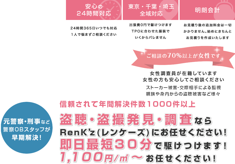 盗聴・盗撮発見・調査ならRenK'z(レンケーズ)にお任せください！即日最短30分で駆けつけます！